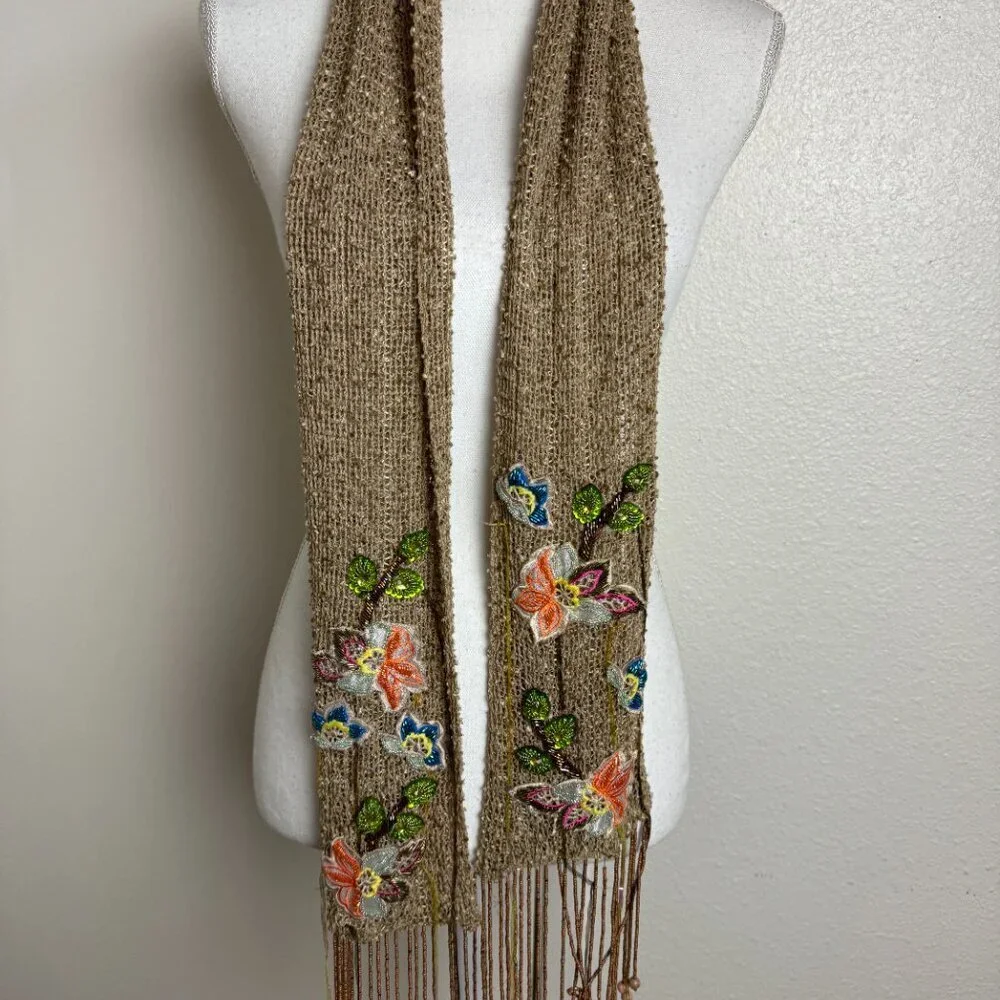 Vintage 90s Beaded Embroidery Art Long Scarf Fringe